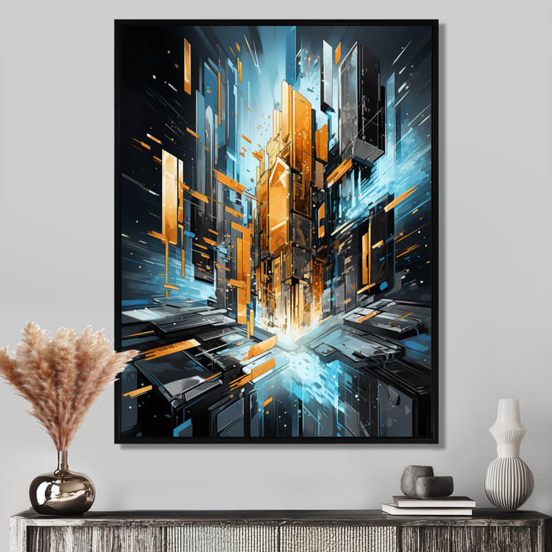 Futur Euphoria, ville dorée - décor d'art mural paysage urbain, Toile avec cadre flottant noir, H 20 po x l 12 po x P 1 po