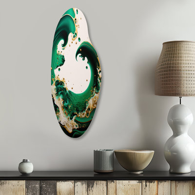 «Emerald Green and Gold Abstract Waves I», art mural asymétrique en forme de spirale abstraite