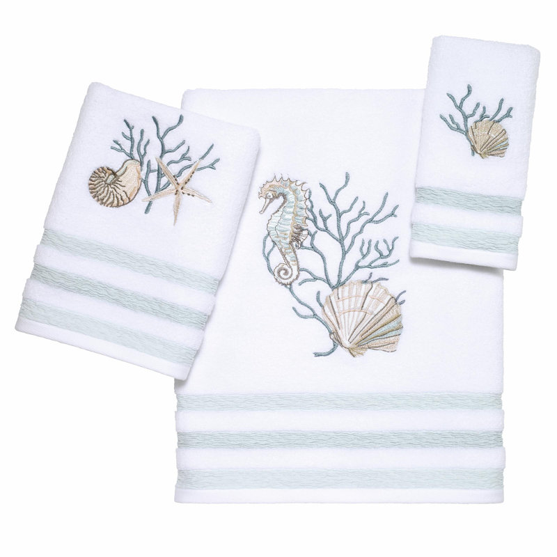White Cotton Coastal Embroidered Bath Towel with Seahorse Design