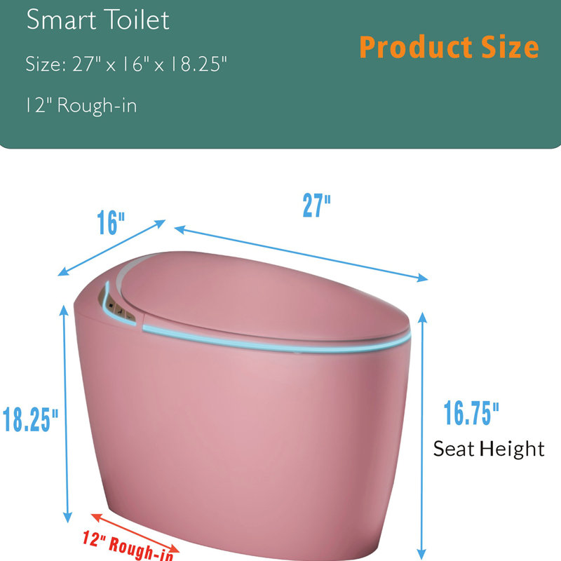Bathroom Smart Toilet, Auto Close Lid, 1.28 Flushing, Night , Pink Toilet With Bidet, Open Seat, Foot Sensor, Self-Cleaning,