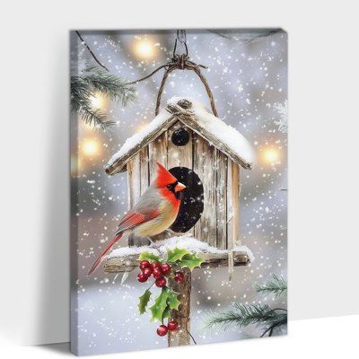 Art de Noël de Noël sur toile, décoration murale cabane à oiseaux et cardinal, impressions sur toile de scène enneigée rustique, peinture de photos de vacances avec baies de houx, affiche saisonnière pour le salon, bureau, 36 x 48 po