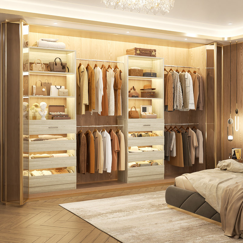 Walk-In 95.4”To 133.6” Closet System With 8 Wooden Drawers And 4 Hanging Rods, Oak Wood