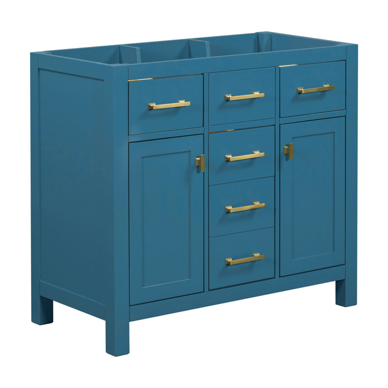 Armoire de salle de bain moderne 36 po - Bleu, bois massif, 4 tiroirs, 2 armoires, bois imperméable et portes