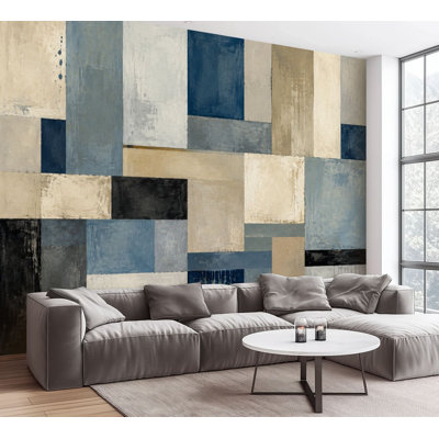 Wall Mural Peel and Stick Wallpaper Abstract Geometric Patchwork Blue Gray Beige Tones Self-Adhesive Removable Contact Paper Wall Decor for Living Room Bedroom 100"H x 144"W