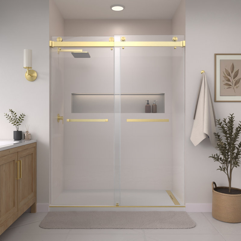 Catalyst 43"- 49" W x 76" H Double Sliding Frameless Shower Door in Brushed Gold with 3/8" Clear Glass, Gold