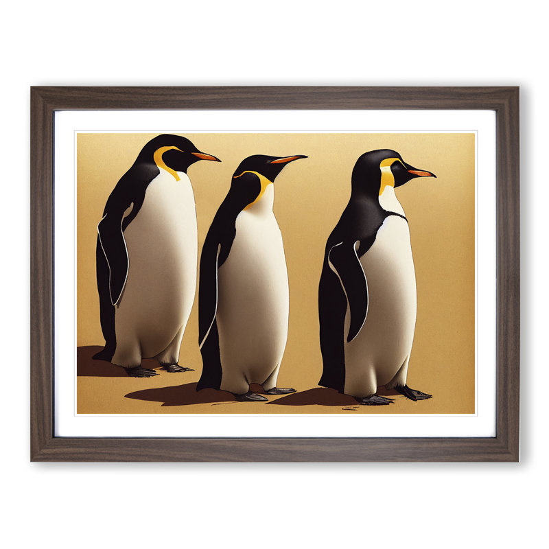 XH1022-9228X Trio Of Penguins - Single Picture Frame Print, 46cm H x 64cm W x 2cm D, Walnut