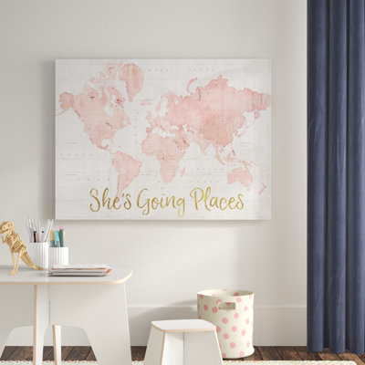 Wrapped Canvas Wall Art - Sue Schlabach 'Across The World Shes Going Places Pink' Wall Art for Living Room, Bedroom, or Office Décor - 18X24