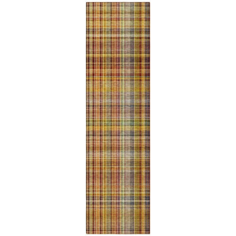 8' Runner Orange Plaid Washable Non Skid Indoor Outdoor Runner Rug