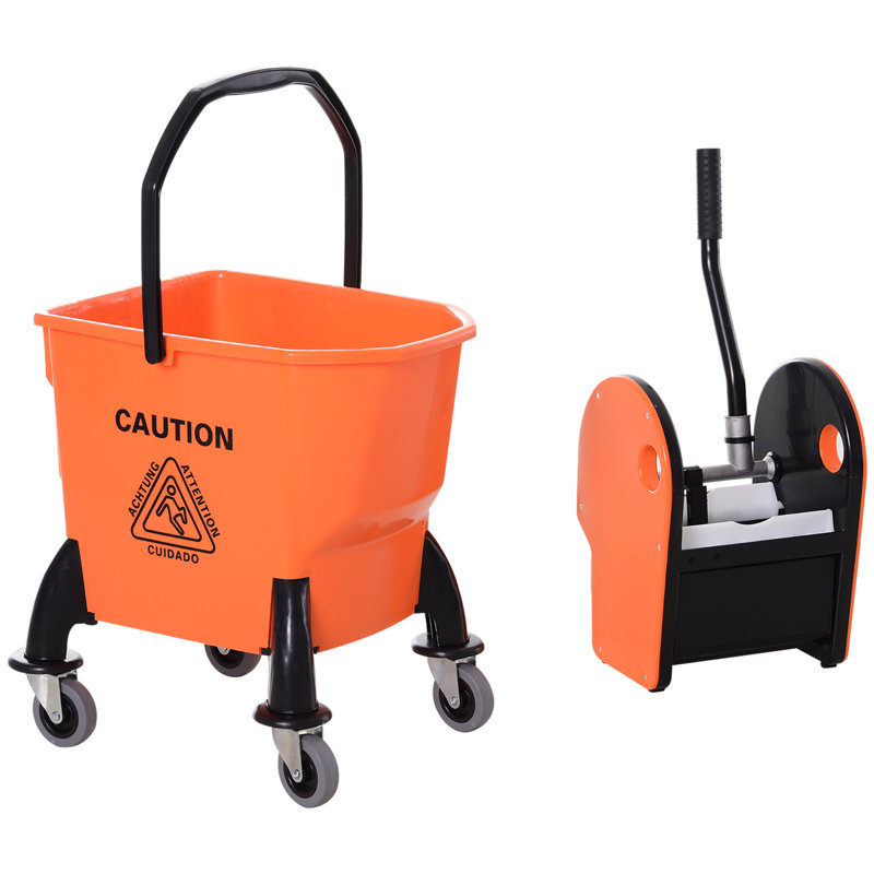 Seau de 6,6 gallons / 26 L avec essoreuse, seau à roulettes sur roulettes, orange, Orange