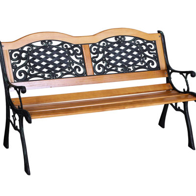 50" Garden Patio Bench With Natural Wood Seat, Metal Legs, Relaxing For Deck, Lawn, Porch, Outside Pool, -Like Look Outdoor Bench, Slat Seat Elegant Backyard, Poolside, Tone