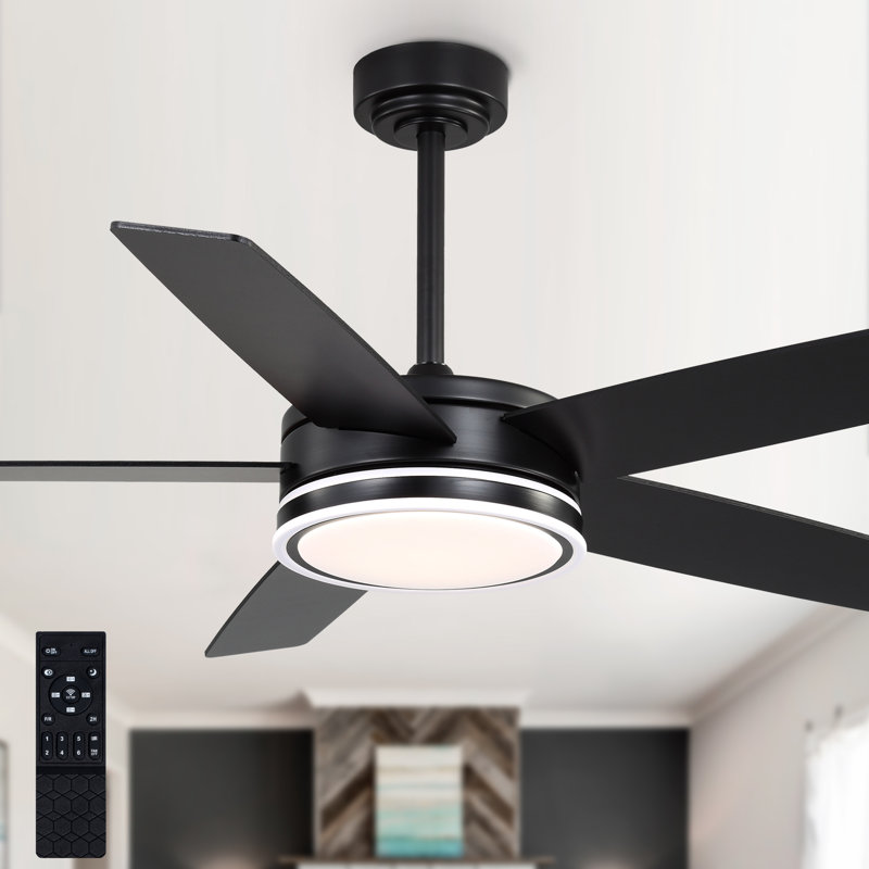 52" Modern Ceiling Fan with Lights and Remote, Black Ceiling Fan with Reversible Blades, Black, Black