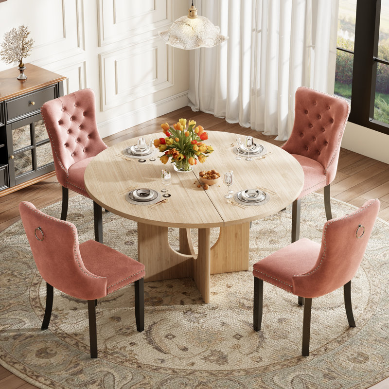 Ensemble de table ronde en bois avec chaises capitonnées, ensemble de table de salle à manger de style Mid-Century Farmhosue