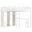 Grand lit mezzanine en métal, grain de bois blanc, garde-robe intégrée, bureau, rangement, caractéristiques, grand lit supérieur, tablettes, assemblage sans effort