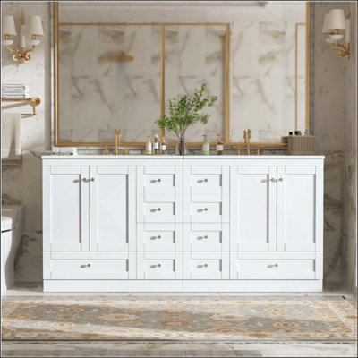 Meuble-lavabo autoportant avec lavabo en céramique, tiroirs et portes à fermeture en douceur, design minimaliste moderne, grand rangement (robinet non inclus)