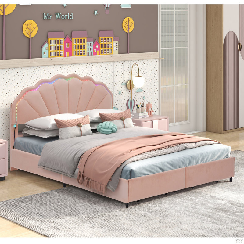 Structure de lit tapissier à DEL intelligente avec 2 tiroirs de rangement et tête de lit double pétale chic, lit plateforme Princess avec lumière DEL intelligente pour les filles, aucun sommier nécessaire