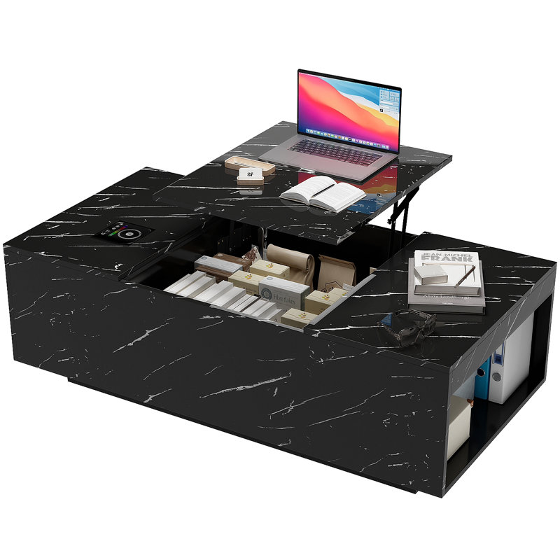 Table basse à plateau relevable noir avec rangement, lumières DEL, chargement sans fil et haut-parleur Bluetooth | Idée de cadeau