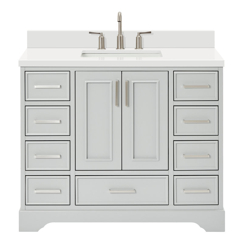 43'' Single Bathroom Vanity with White Quartz Top, Gray