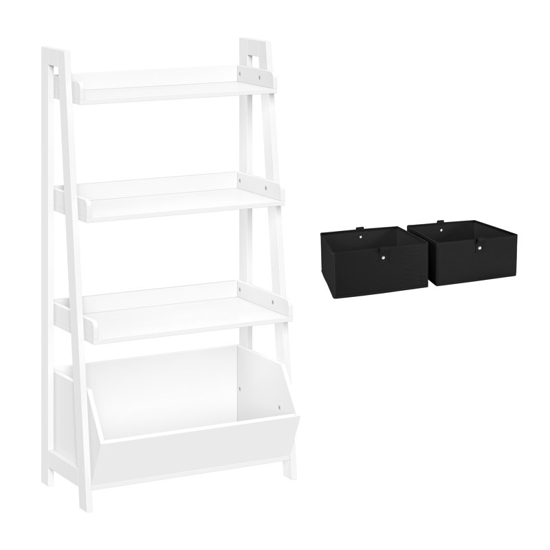 RiverRidge Kids 4-Tier 24in Ladder Shelf Toy Organizer and Book Storage with 3 Open Display Shelves- White with Two 5" Fabric Bins