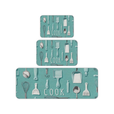 Tapis de cuisine bleu sarcelle 3 pièces pour ustensiles de cuisine, garde-manger, blanc sarcelle