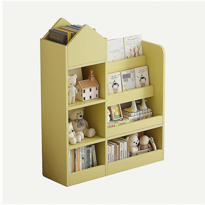 Étagère de rangement et d'organisation de jouets en bois jaune, avec bibliothèque, compartiments de rangement, 6 compartiments, 2 paniers, tablette d'organisation