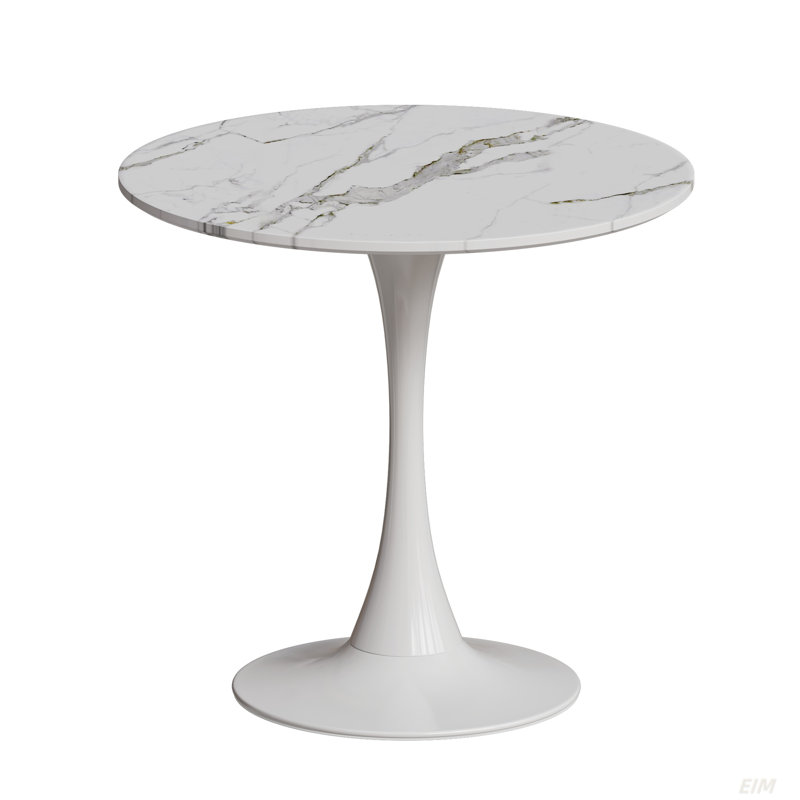 31.4 "Round Dining Table, Medieval White Marble Patterned Dining Table, 2-3 Person Metal Base Dining Table, Easy To Assemble Casual Coffee Table, Office Desk