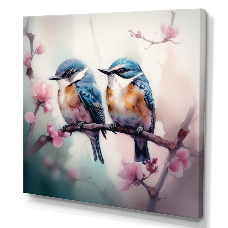 Oiseaux bleus sur une branche II, H 16 po x l 16 po x P 1 po, Toile tendue