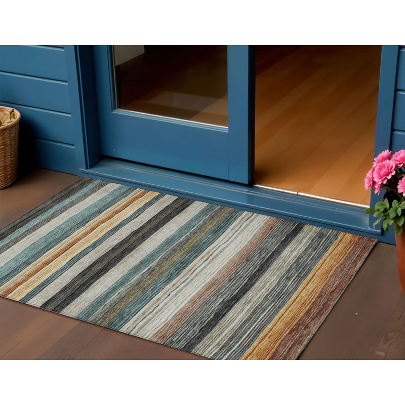 3' X 5' Beige Gold And Brown Striped Washable Indoor Outdoor Area Rug