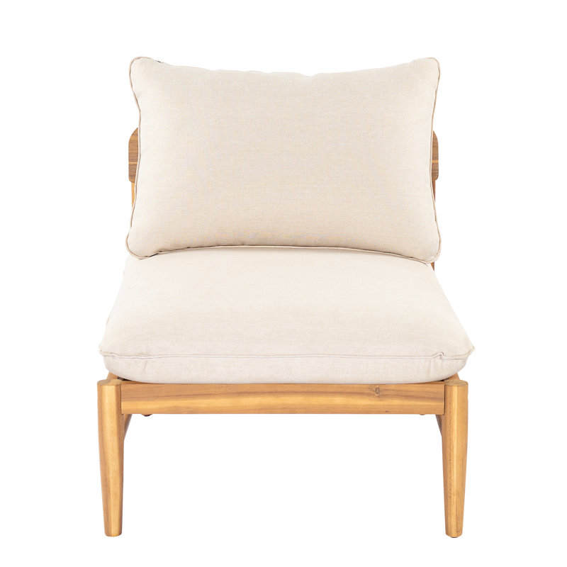Outdoor Acacia Wood Armless Sofa, Light Teak Finish With Beige Cushion