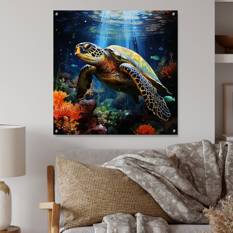 Tortue verte et bleue, animaux marins, art mural pour salon, H 36 po x l 36 po