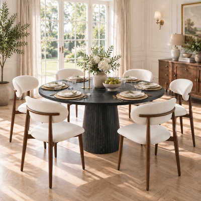 Ensemble de salle à manger moderne 7 pièces, table ronde de 119 cm avec pied central et 4 chaises rembourrées en tissu bouclé à dossier incurvé, pour cuisine ou salle à manger.