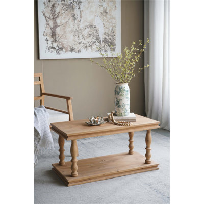 Table basse 36 po à 2 niveaux rustique - Centre de table rectangulaire en bois de style campagnard avec pieds en balustre sculpté, style champêtre français