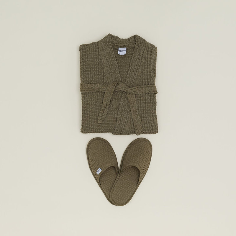 Pantoufles simples en coton gaufré, Grand, Olive
