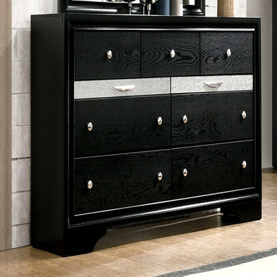 Commode noire avec miroir, tiroir à bijoux dissimulé, assemblage à queue d'aronde, poignées rondes argentées, mobilier de chambre - Finition noire