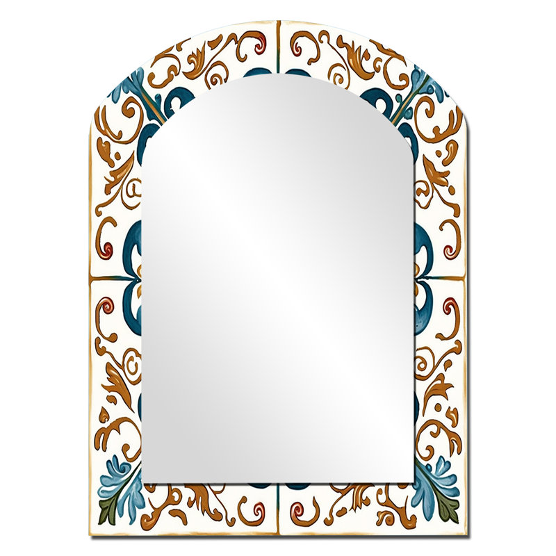 Méditerranée, carreaux en bleu rétro VI - miroir décoratif arqué en tuile, 34 po x 25 po