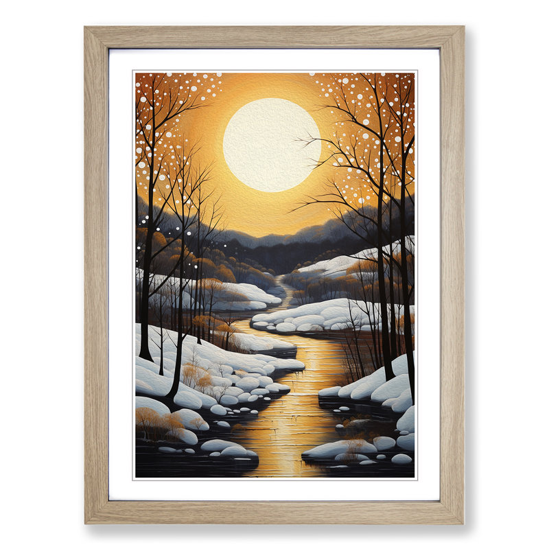 Winter Landscape Contemporary - Single Picture Frame Print on Wood, 34cm H x 25cm W x 2cm D, Oak