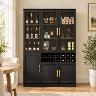 71 Inch Tall Wine Bar Cabinet with Glass Doors Removable 14 Bottle Rack and Door Storage