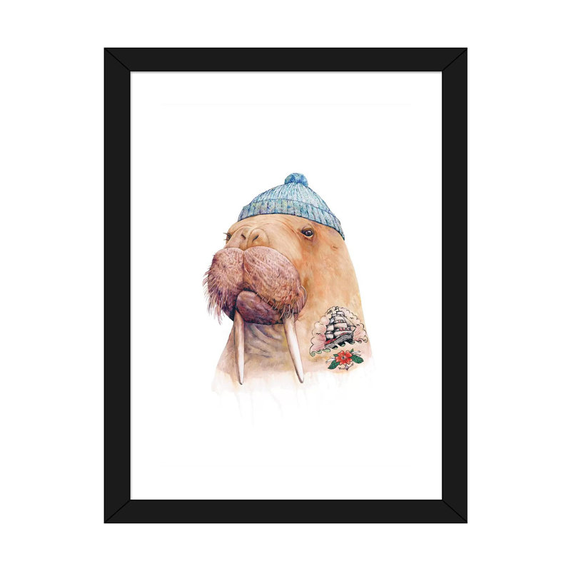 «Tigered Walrus» par Animal Crew - impression d'art graphique, H 32 po x l 24 po x P 1 po, Papier encadré noir