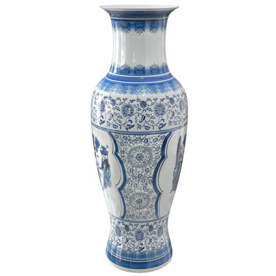 36" Floral Blue & White Porcelain Tung Chi Vase