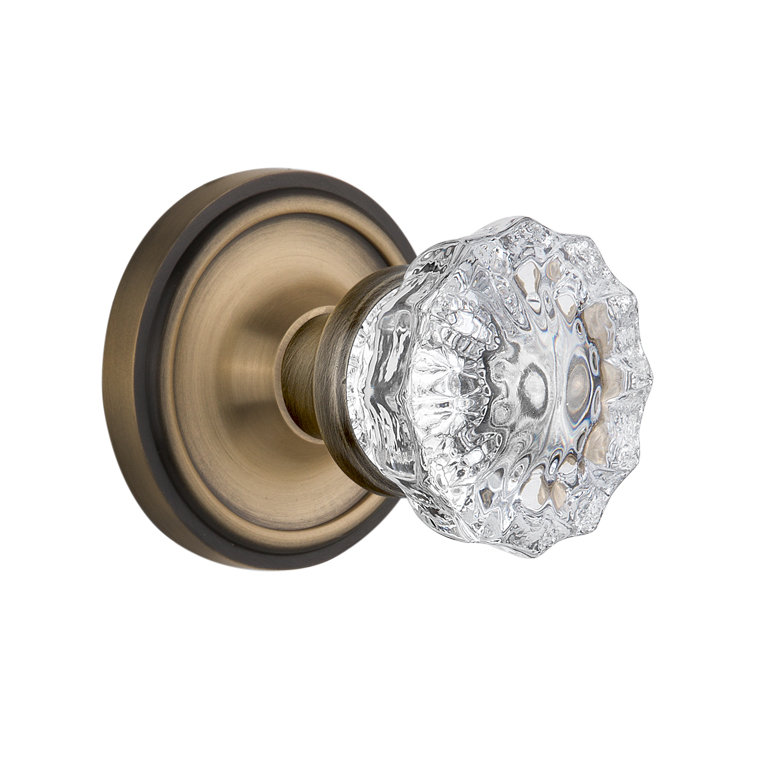 Classic Rosette with Crystal Door Knob, Antique Brass