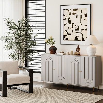 Modern Gray Lacquered Wooden Cabinet Sideboard Buffet Server, Adjustable Shelves For Living Room, Entryway, Office, Kitchen And Dining Room Use Shelves, Hallway, Spaces