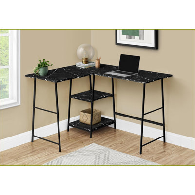 Bureaux, bureau d'ordinateur de coin en L industriel moderne avec tablettes de rangement, marbre noir stratifié de L 48 po | Noir | Métal