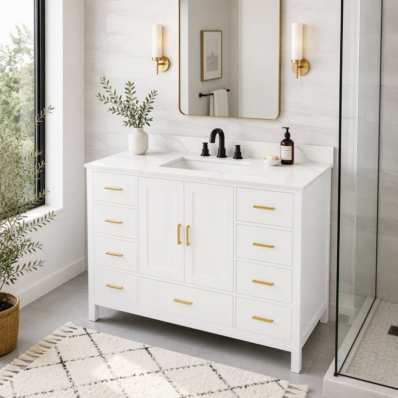Single Bathroom Vanity with Quartz Top, White, L 49 po