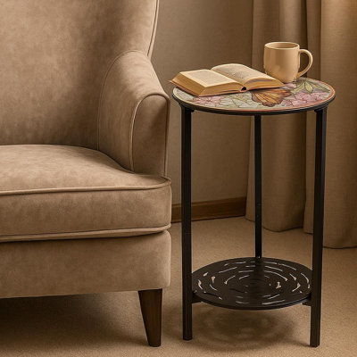 2-Tier Round Metal Side Table – Black Accent Coffee Table With Butterfly Print, Weather-Resistant Plant Stand & Storage Shelf For Indoor, Patio & Balcony Use