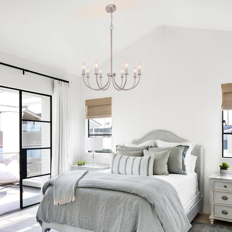 Brushed Nickel Modern Candle Chandelier, 8 Lights, Nickel