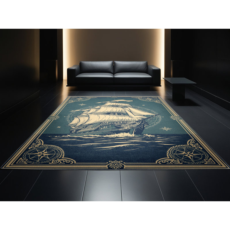 Machine Washable Mendon Pirate Sailing Ship Vintage Vintage Look Rug in Gray – Gray Binding, 5x7