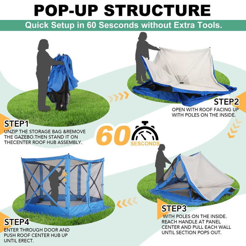 10x10ft Camping Gazebo Screen Tent, 5 Sided Pop-up Canopy Shelter with Mesh Windows, Blue