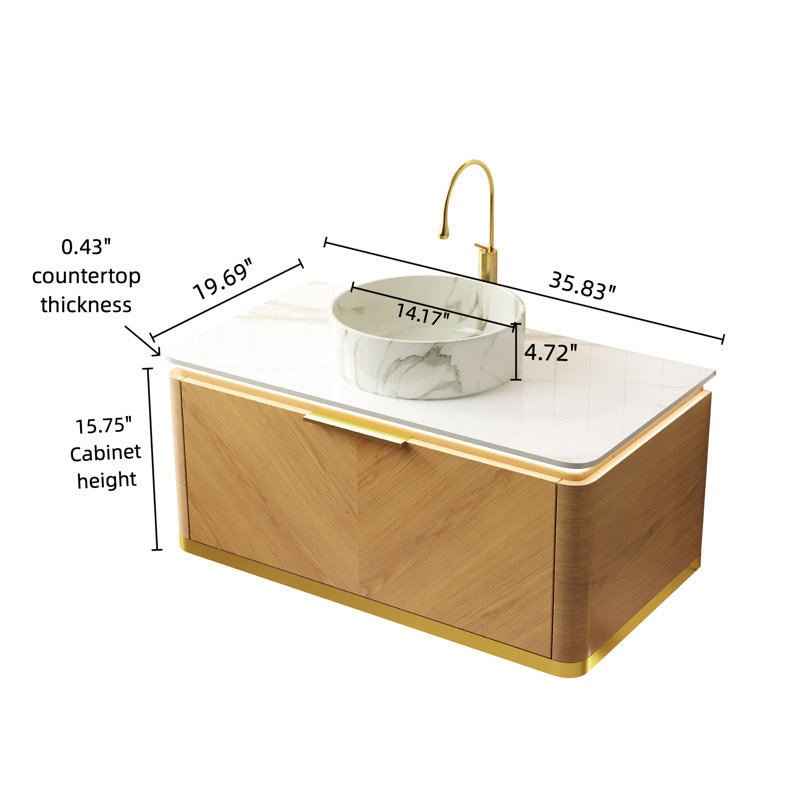 Meuble-lavabo flottant 36 po avec tiroir, lavabo en céramique blanche à motif de pierre et comptoir fritté, pré-assemblé, chêne, éclairage à DEL à détection automatique, contreplaqué haute performance multi-couches assemblé