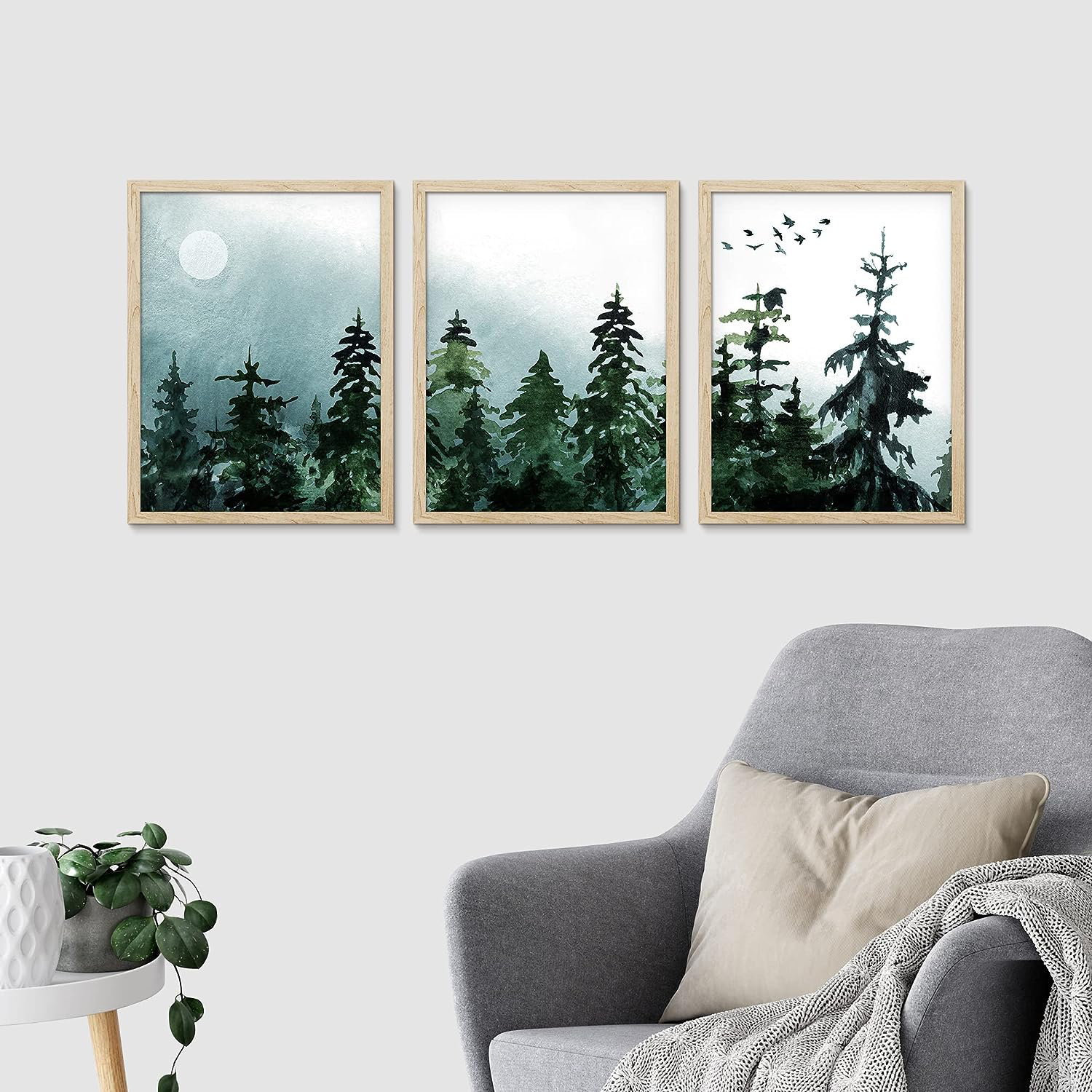 IDEA4WALL Framed Pine Trees Wall Art, Set Of 3 Watercolor Moon & Bird Wall  Decor Prints, Nature Wilderness Wall Décor For Living Room, Bedroom Framed  3 Pieces Print