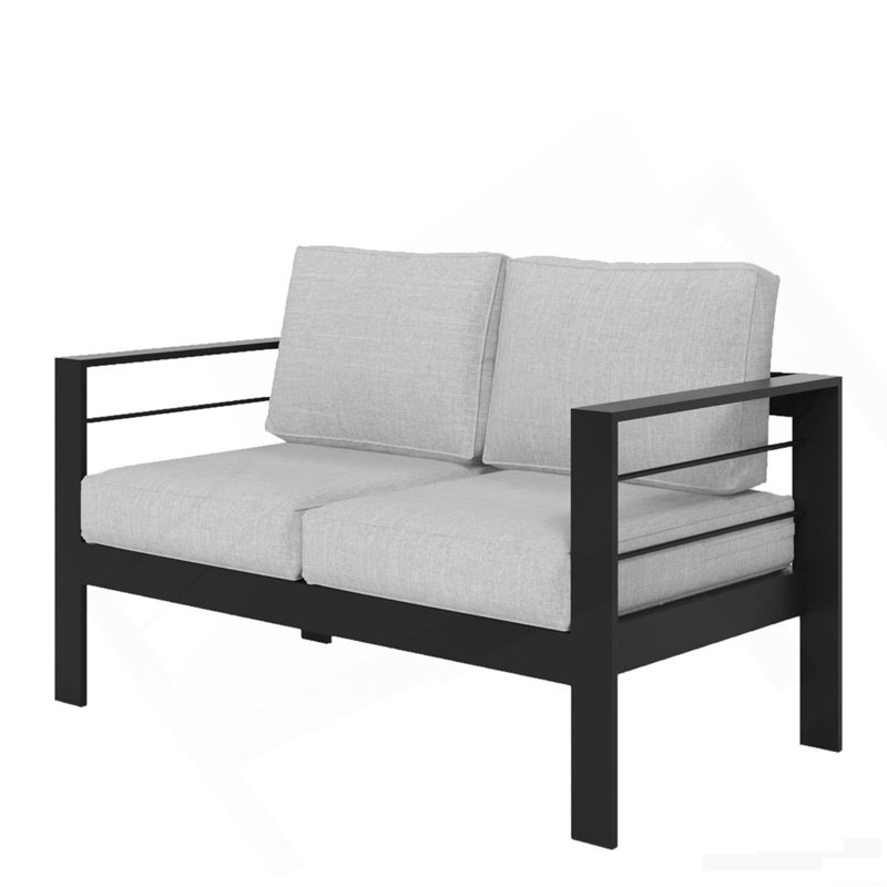 50" All-Weather Aluminum Patio Loveseat With Thick Light Gray Cushions & Black Frame, Black
