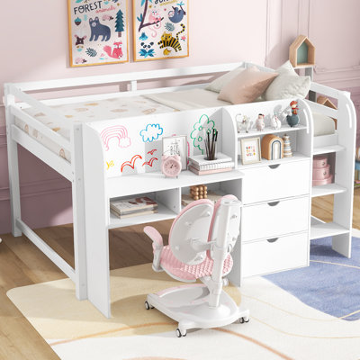 Full Size Low Loft Bed with Built-in Desk,Storage Cabinets and Open Bookcase,Whiteboard for Graffiti